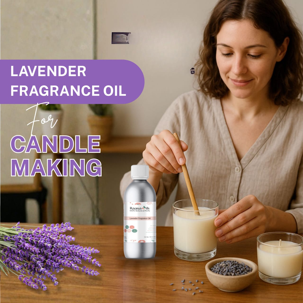 Woman making candles with lavender fragrance oil on a wooden table.