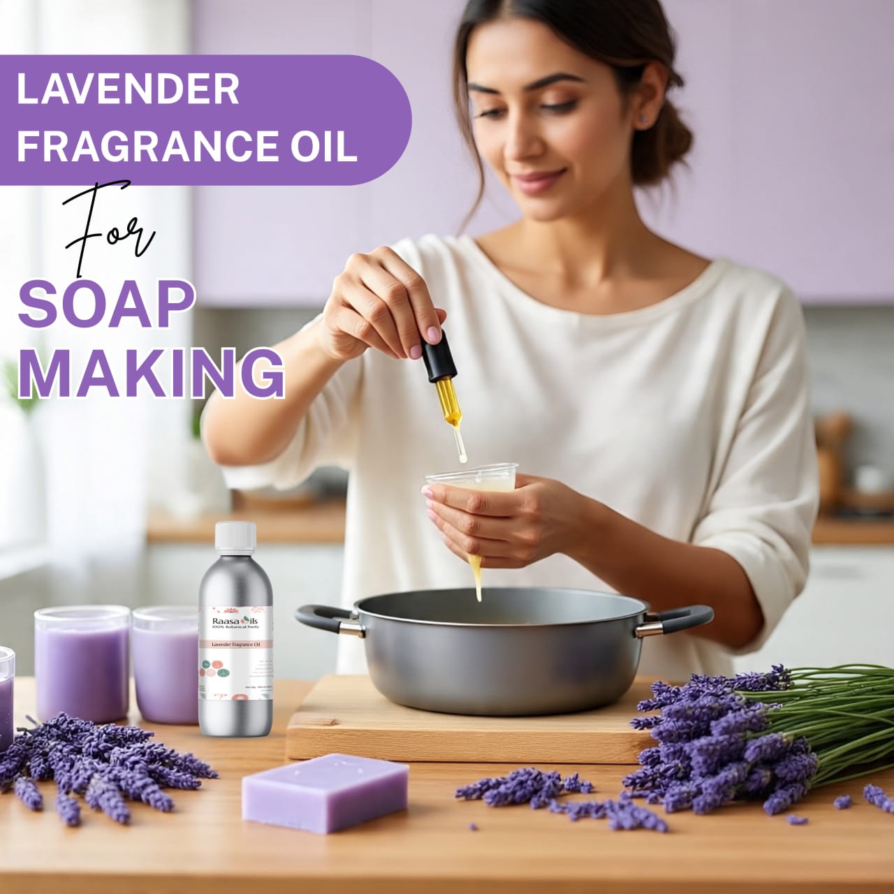 Woman adding lavender fragrance oil to soap mixture with text 'Lavender Fragrance Oil for Soap Making'.