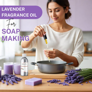 Woman adding lavender fragrance oil to soap mixture with text 'Lavender Fragrance Oil for Soap Making'.