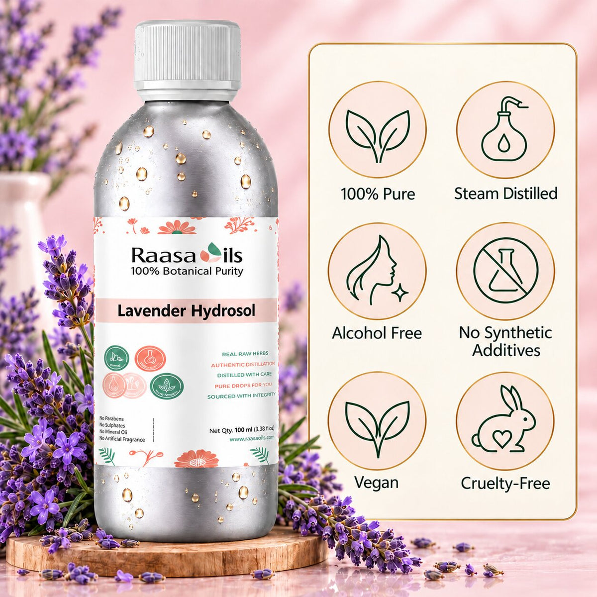A bottle of Raasails Lavender Hydrosol botanical pure liquid on a wooden stand, surrounded by fresh purple lavender flowers. An informational graphic on the right lists product benefits including '100% Pure', 'Steam Distilled', 'Alcohol Free', 'No Synthetic Additives', 'Vegan', and 'Cruelty-Free'.