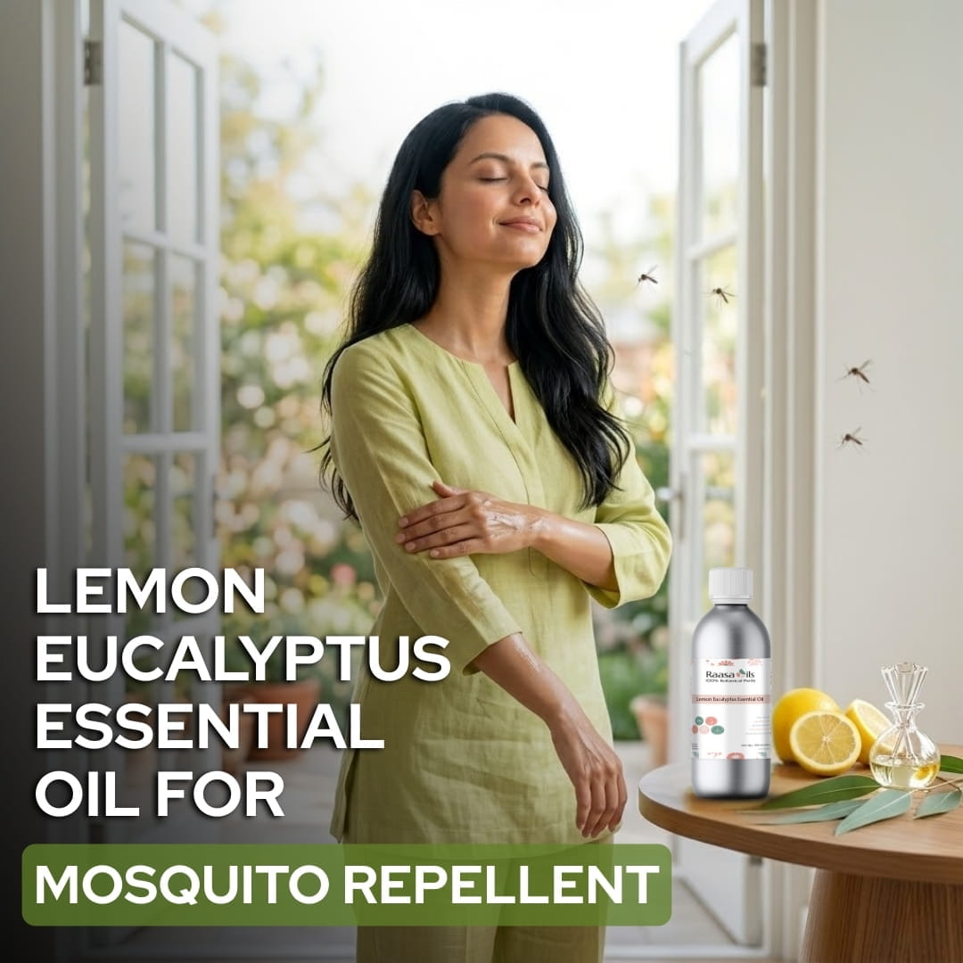 Woman standing in a room with lemon eucalyptus essential oil for mosquito repellent.