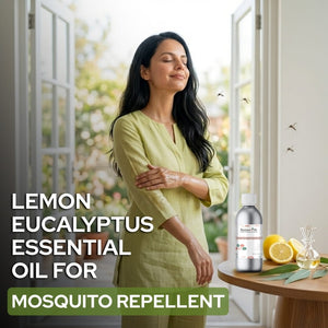 Woman standing in a room with lemon eucalyptus essential oil for mosquito repellent.