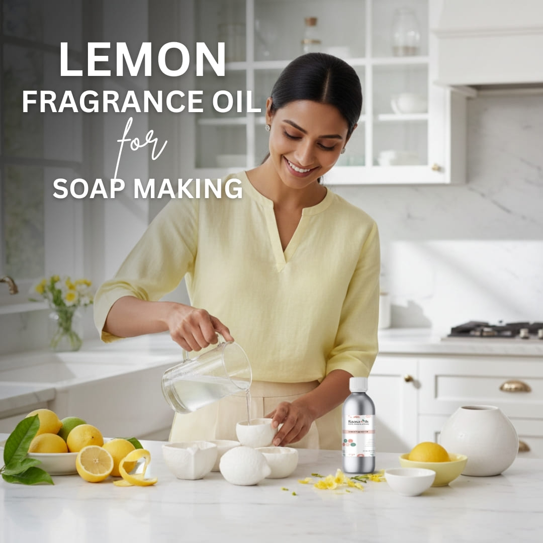 Woman in a kitchen preparing lemon fragrance oil for soap making