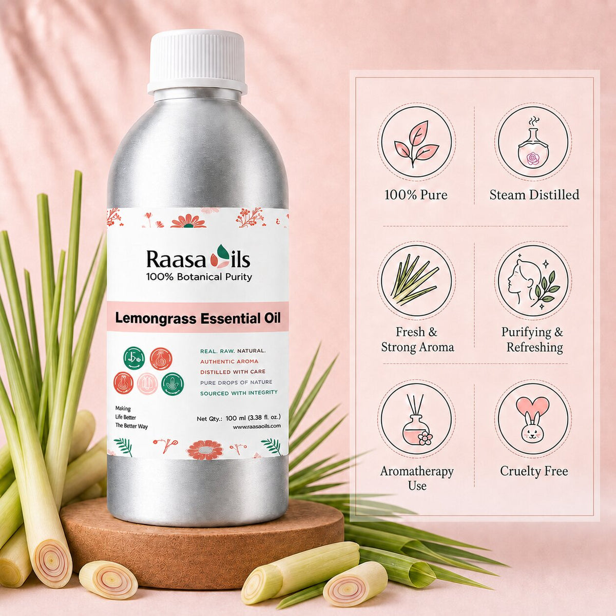 A bottle of Raasa Oils Lemongrass Essential Oil displayed on a wooden block with fresh lemongrass stalks, set against a soft pink background with informational graphics on the right.
