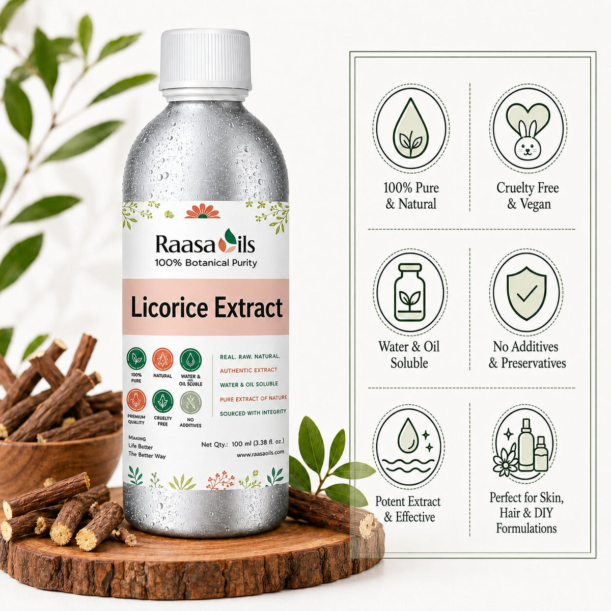 A bottle of Raasa Oils Licorice Extract herbal oil shown on a styled background with licorice roots and leaves. The bottle has a white cap and a label with green, orange, and pink details.