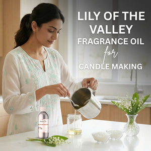 Woman pouring a liquid into a container with text about Lily of the Valley fragrance oil for candle making.
