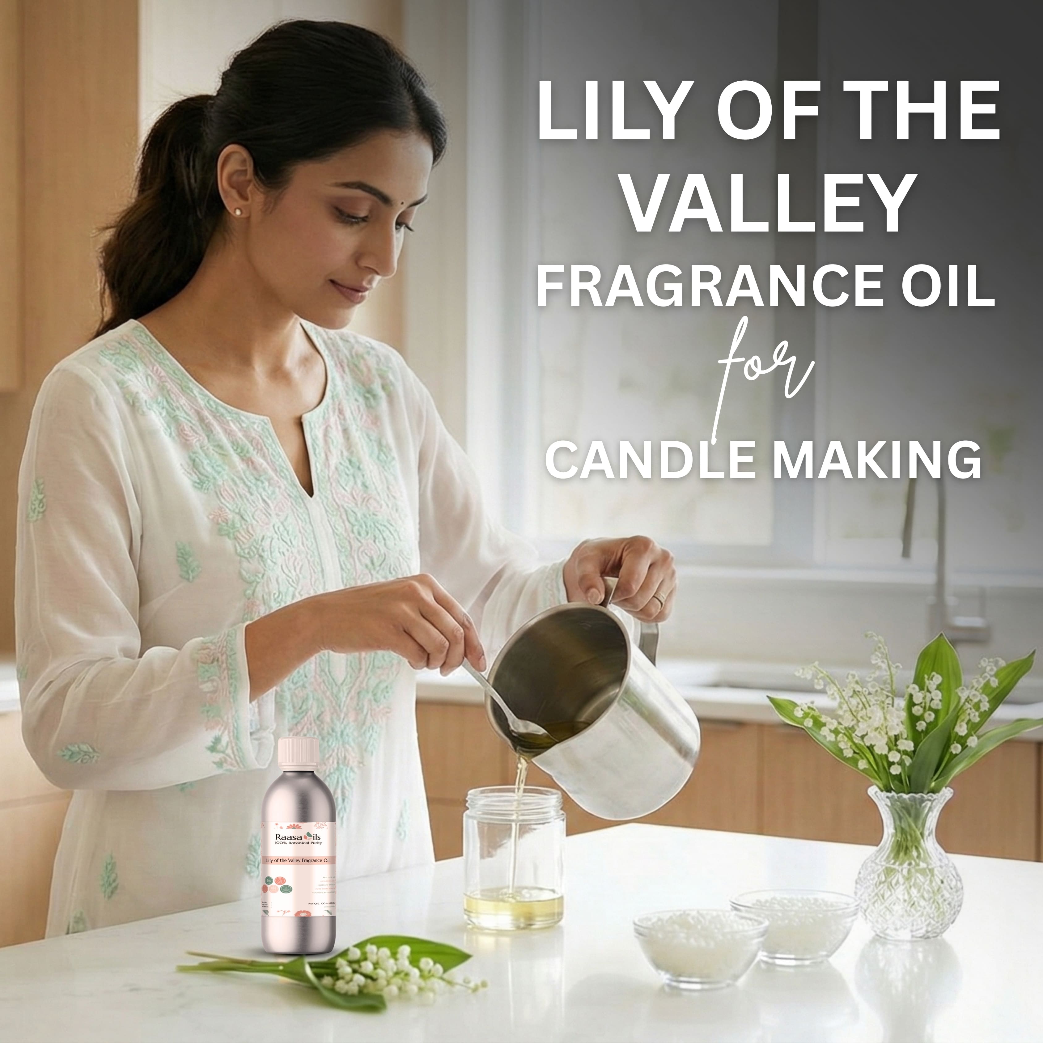 Woman pouring a liquid into a container with text about Lily of the Valley fragrance oil for candle making.