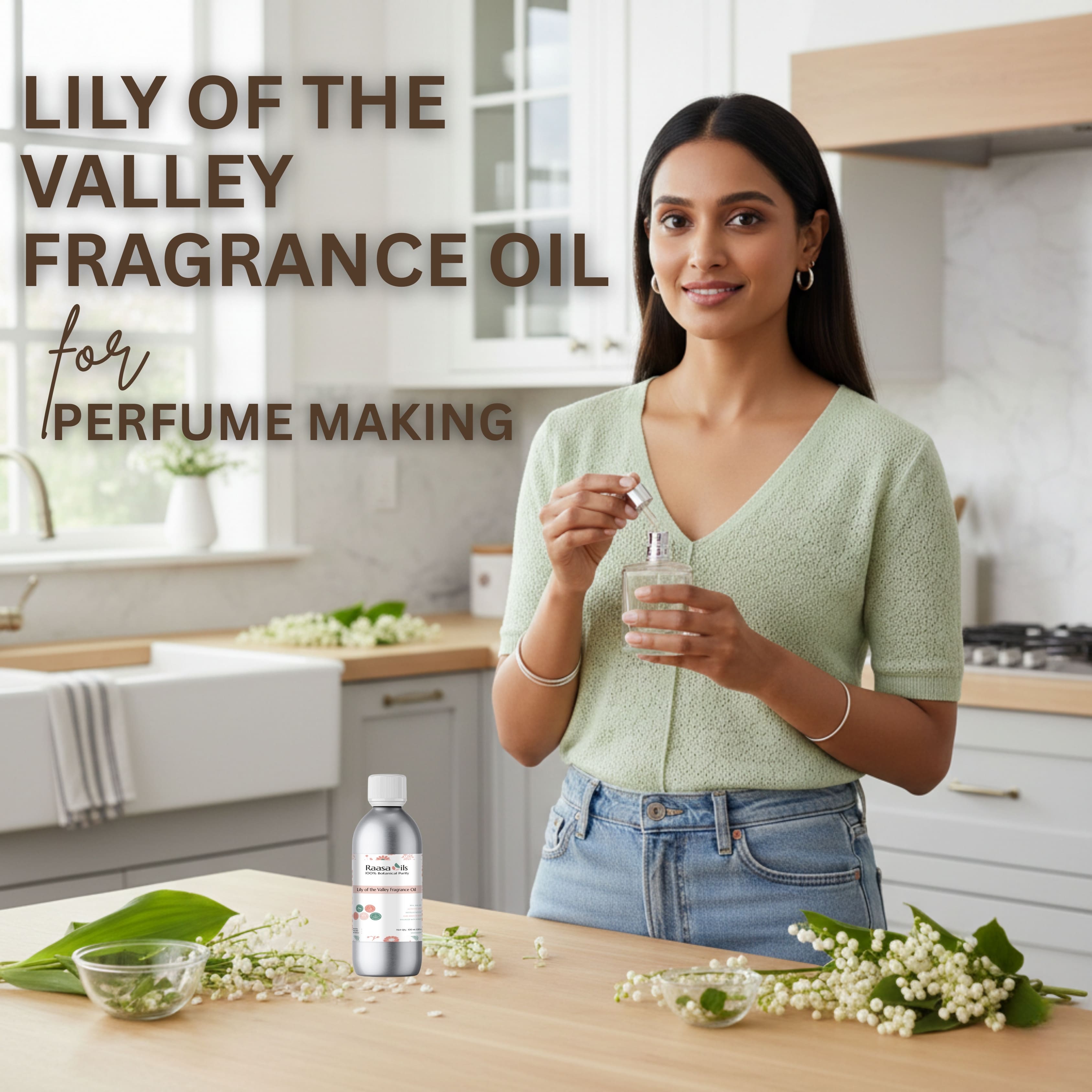 Woman holding a bottle of Lily of the Valley fragrance oil in a kitchen setting.