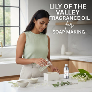 Woman making soap with Lily of the Valley fragrance oil in a kitchen setting