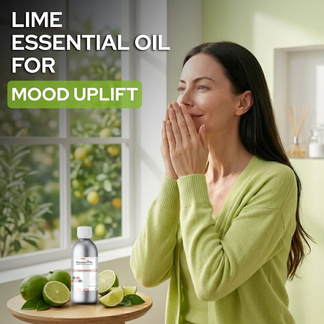 Woman in a green sweater with lime essential oil and limes on a table, text 'Lime Essential Oil for Mood Uplift'.