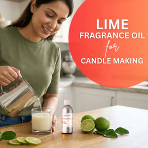 Woman pouring liquid into a glass with lime fragrance oil and limes on a table.