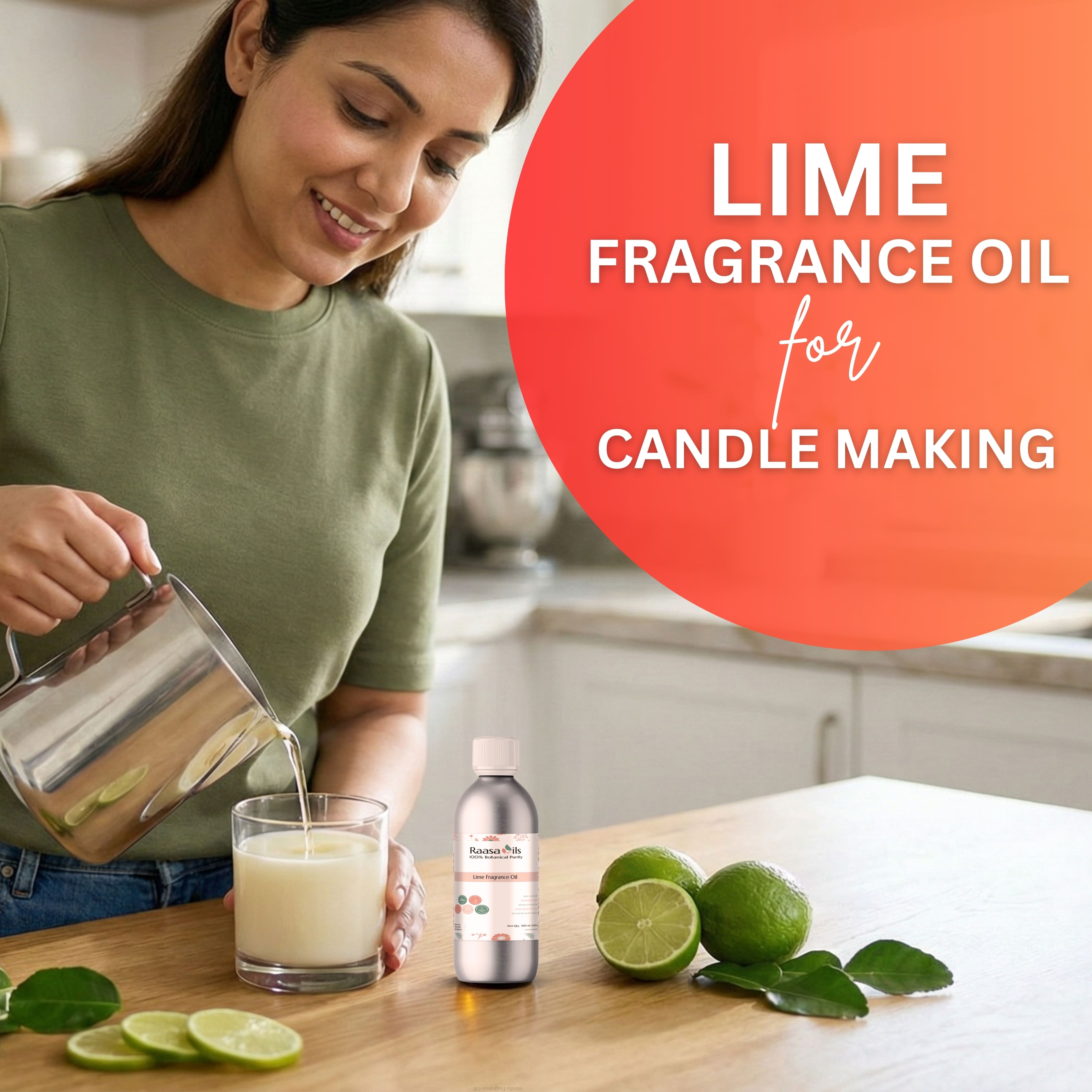 Woman pouring liquid into a glass with lime fragrance oil and limes on a table.