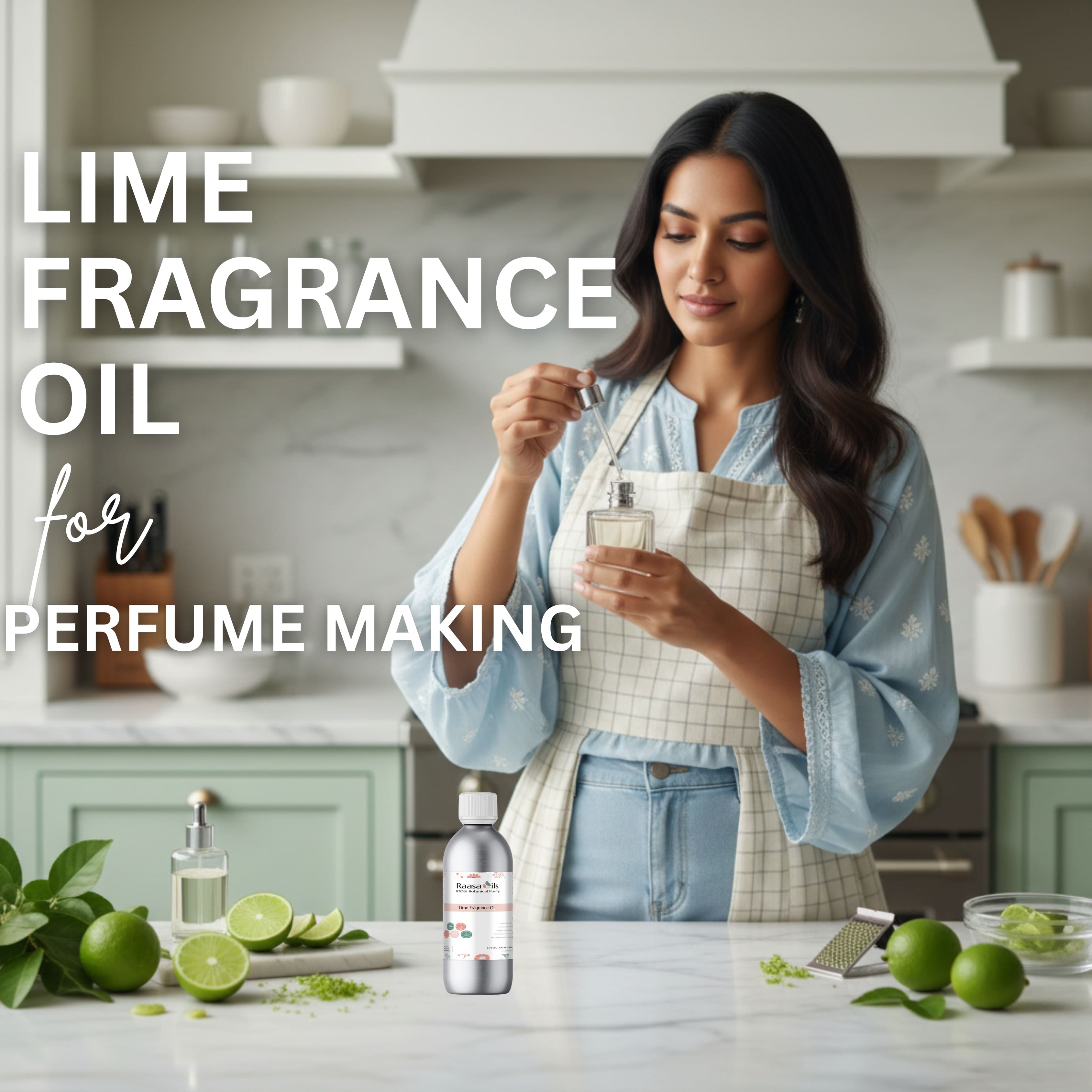 Woman in a kitchen preparing lime fragrance oil for perfume making.