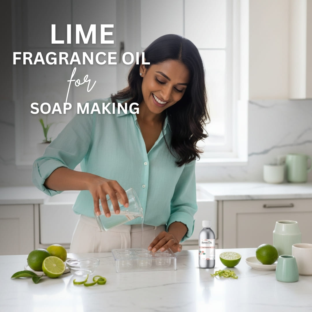 Woman in a kitchen preparing soap with lime fragrance oil, surrounded by limes and soap-making ingredients.