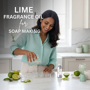 Woman in a kitchen preparing soap with lime fragrance oil, surrounded by limes and soap-making ingredients.