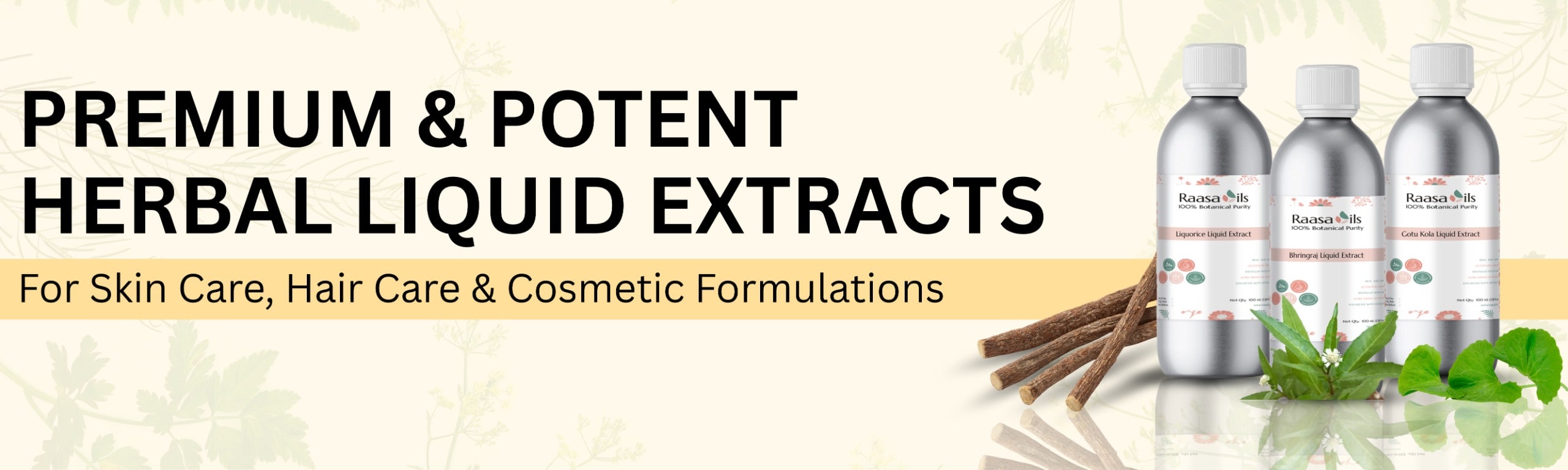 BeveragePlus herbal liquid extract bottles with herbs on a light background