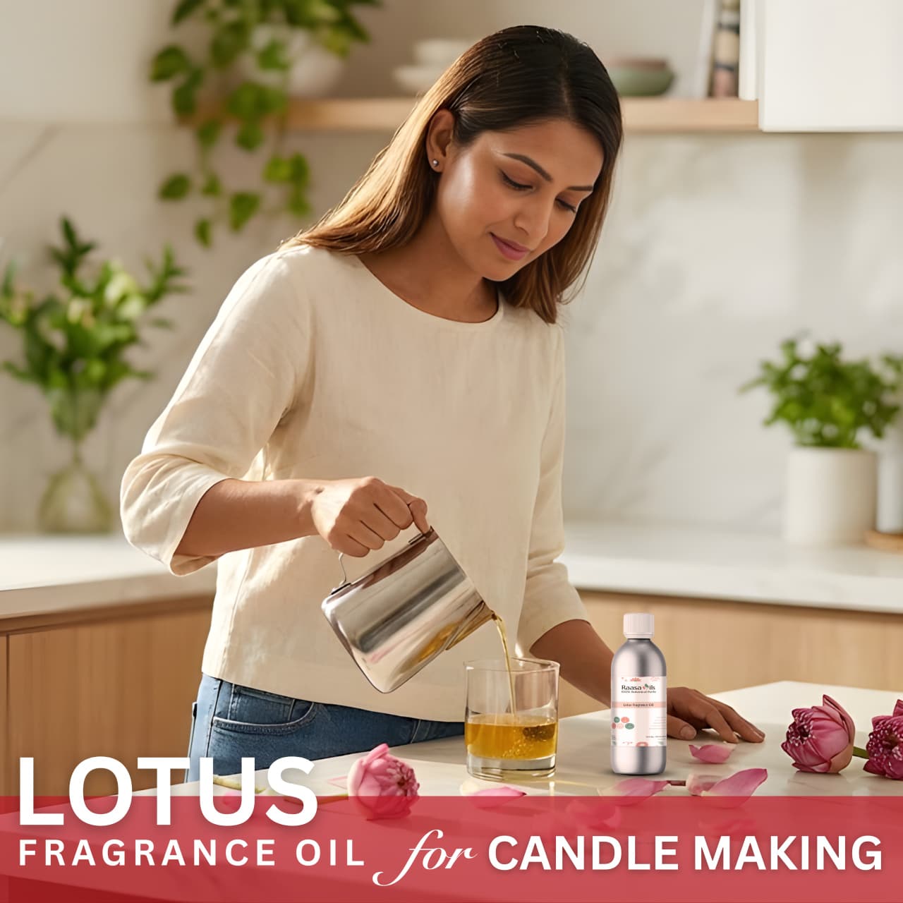 Woman pouring liquid into a glass with Lotus fragrance oil branding.
