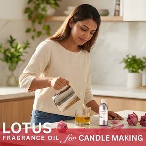Woman pouring liquid into a glass with Lotus fragrance oil branding.