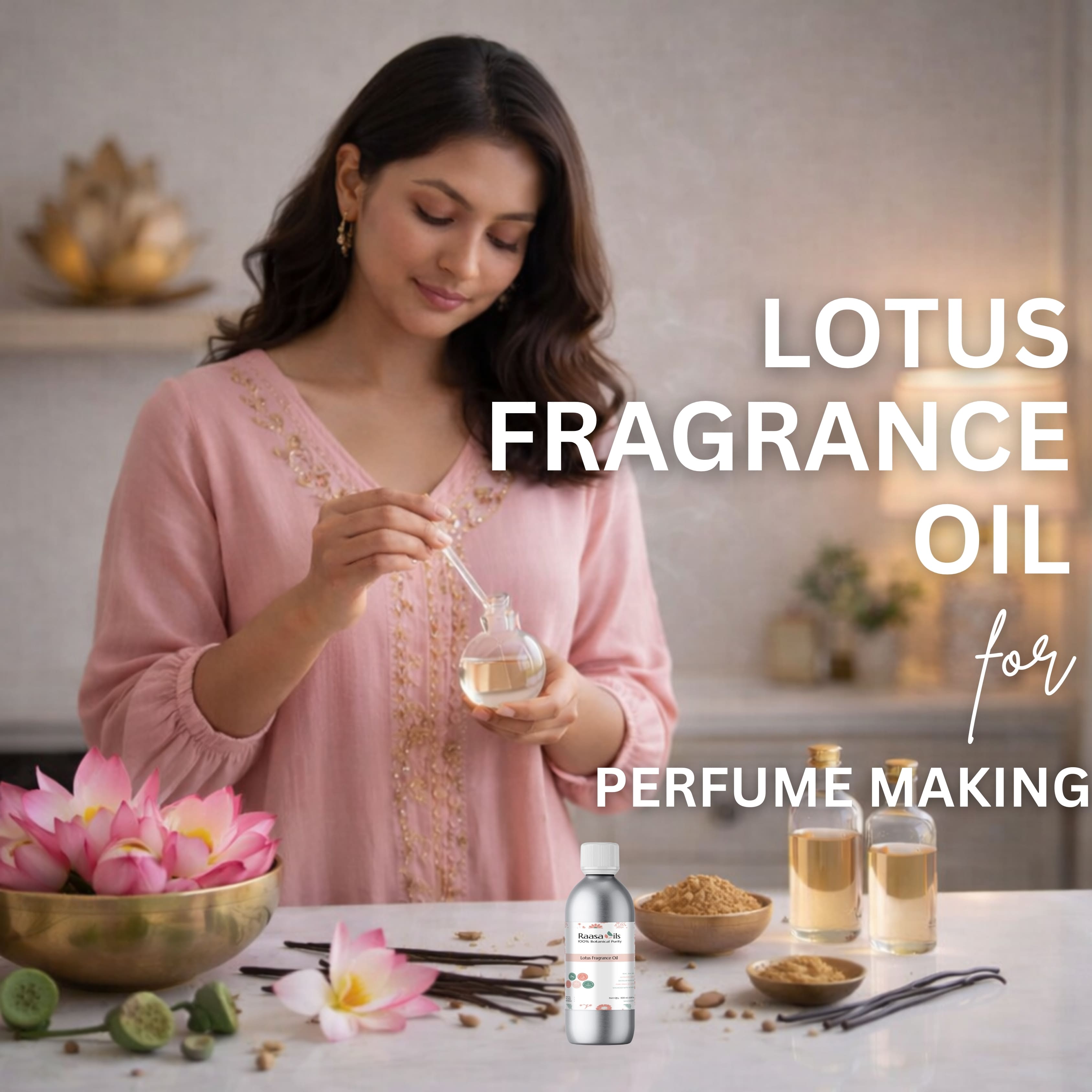 Woman with lotus fragrance oil and ingredients on a table, with text 'Lotus Fragrance Oil for Perfume Making'.