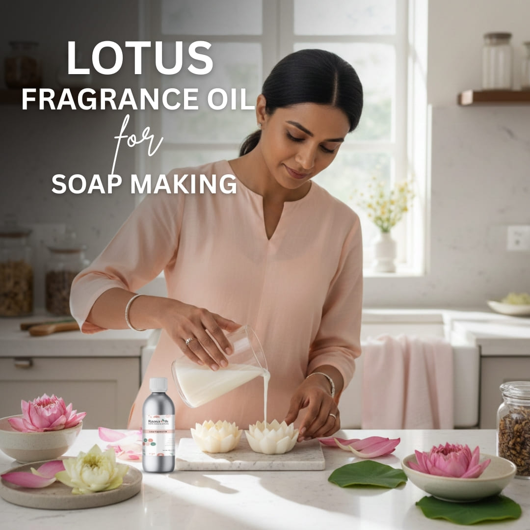 Woman making soap with lotus fragrance oil in a kitchen setting