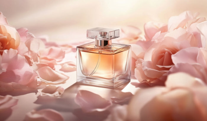 Perfume bottle surrounded by pink flowers on a soft background