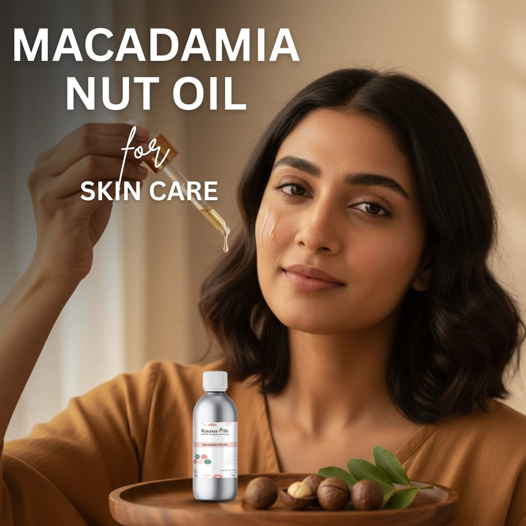 Woman with macadamia nut oil for skin care, dropper, and bottle on a wooden tray.