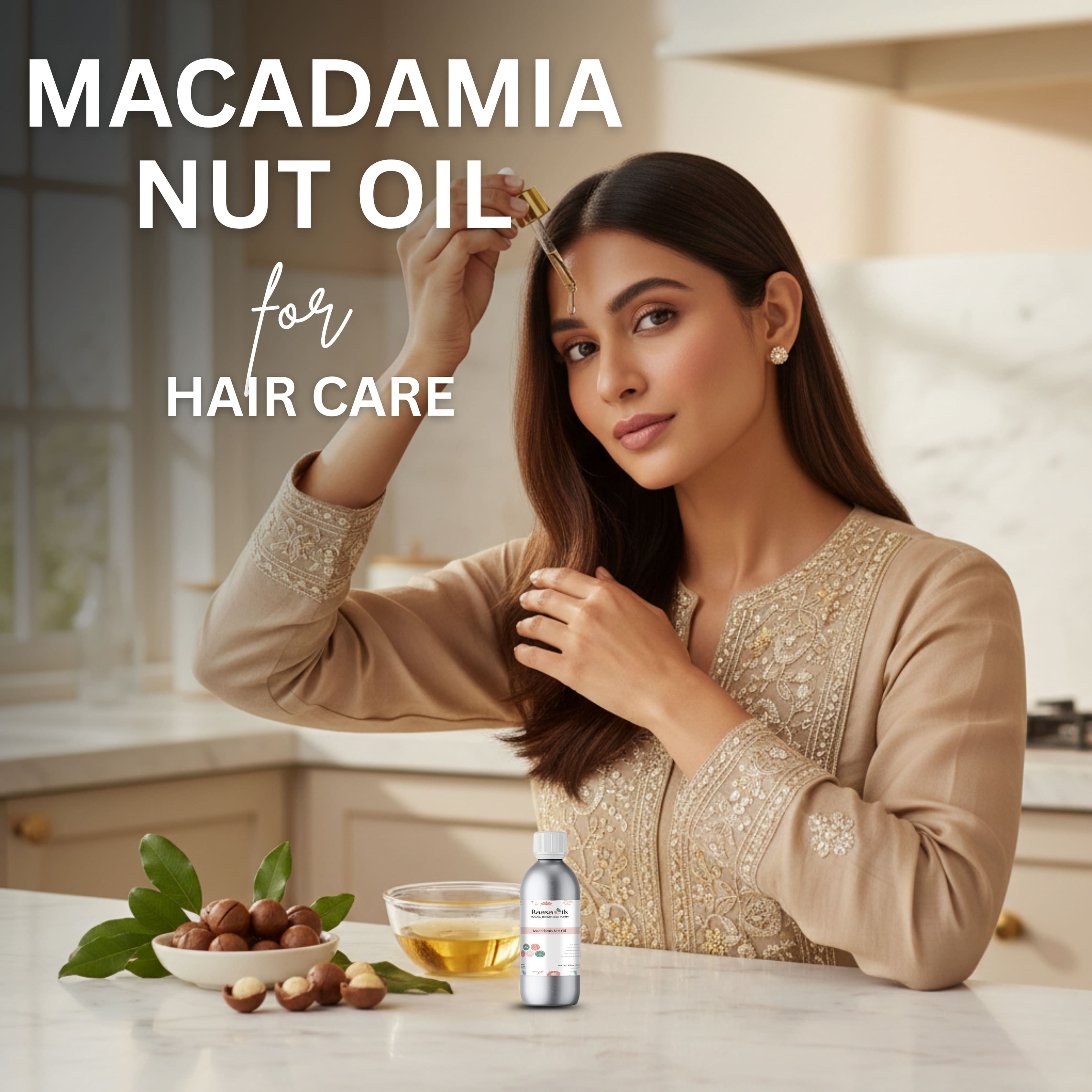 Woman applying macadamia nut oil to her hair with text about macadamia nut oil for hair care.