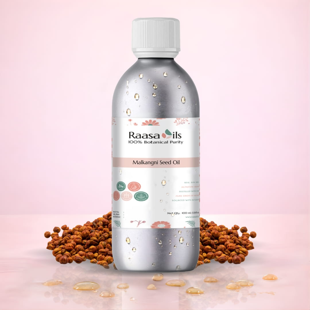 Bottle of Raasa Oils Makhani Seed Oil with seeds on a pink background