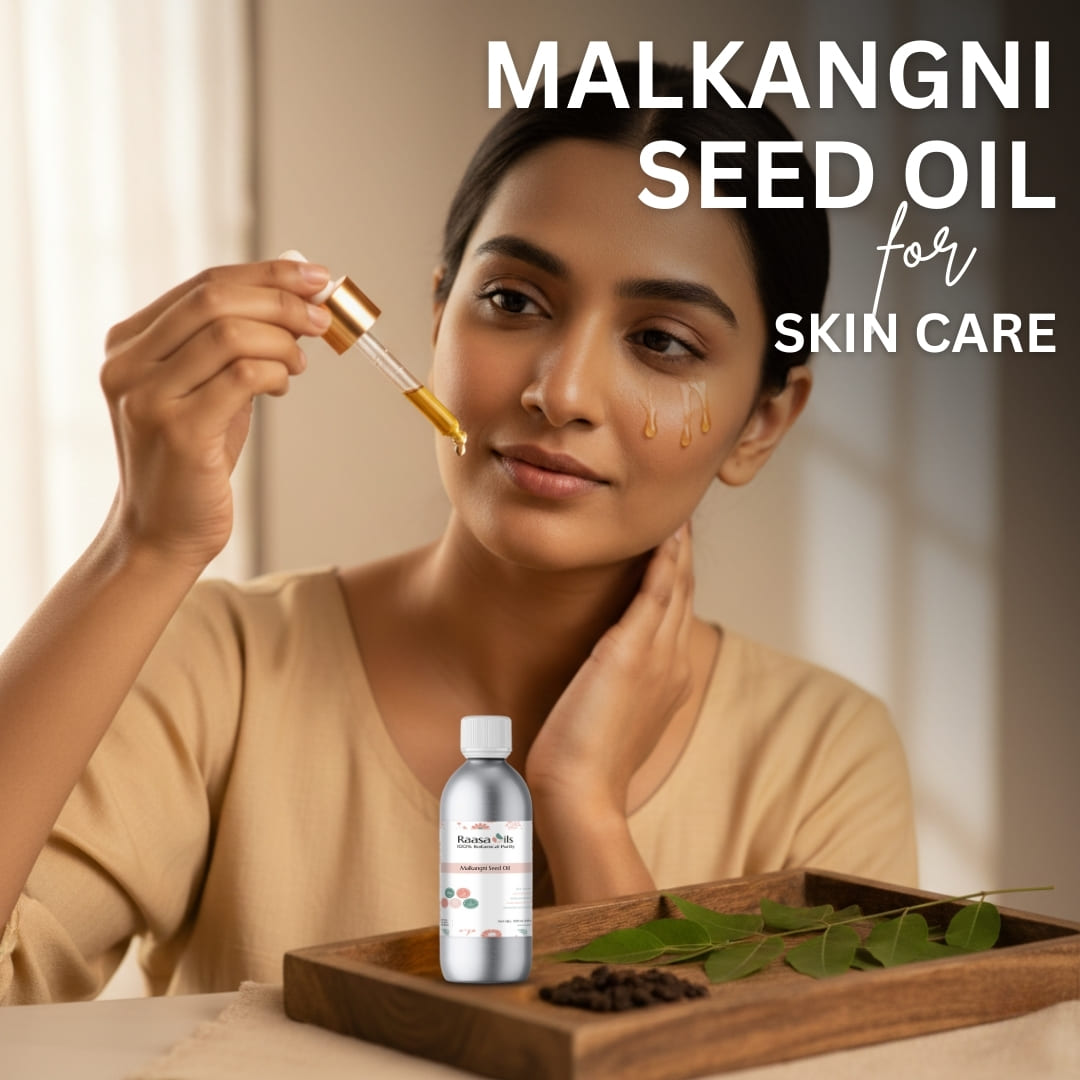 Woman applying Malkangni seed oil to her face with a dropper, surrounded by leaves on a wooden tray.