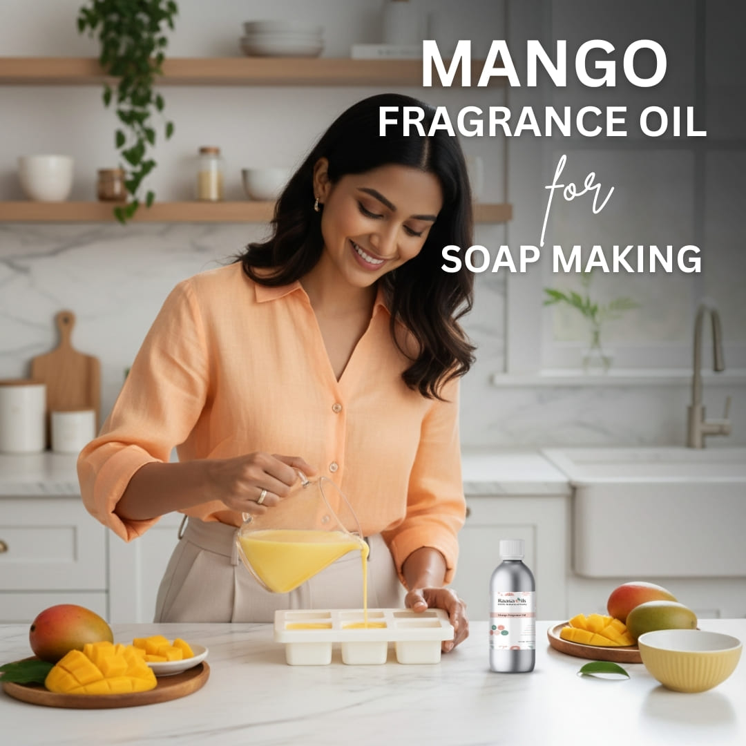 Woman pouring a yellow liquid into soap molds with mangoes and fragrance oil bottle on a kitchen counter.