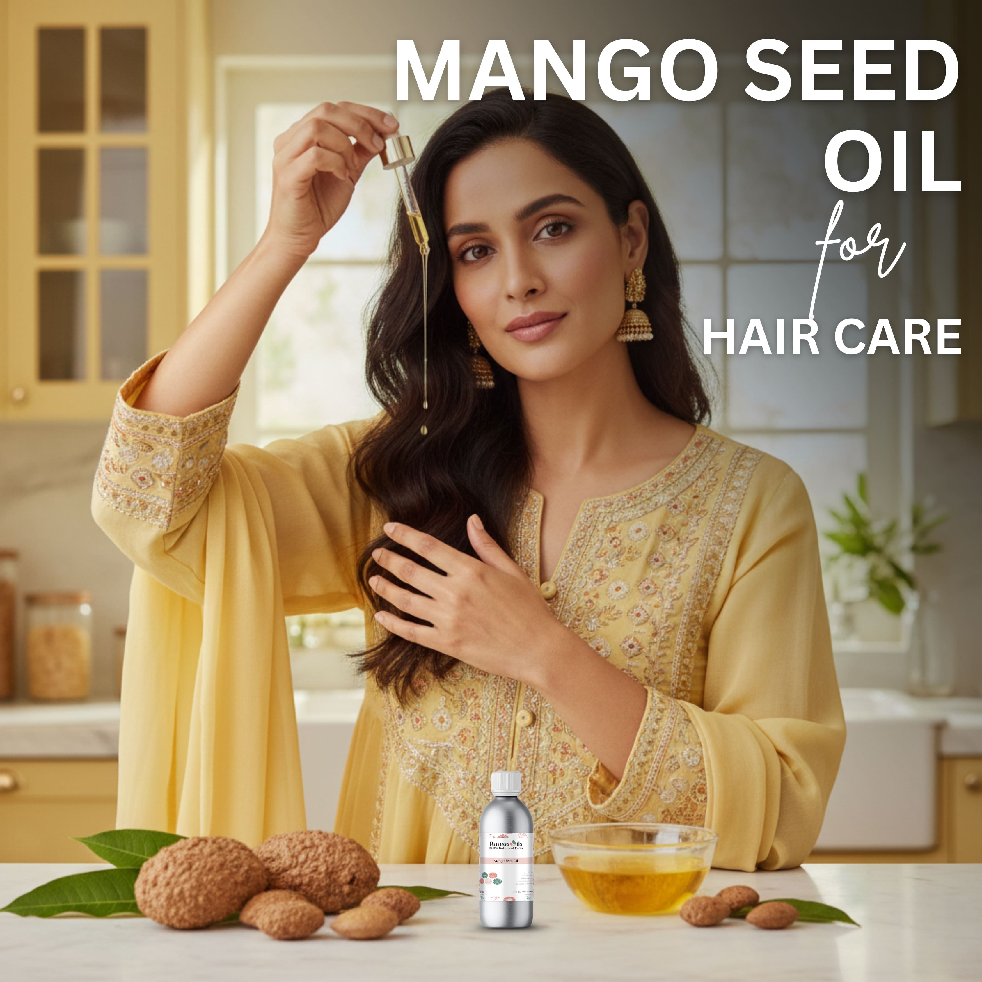 Woman with long hair holding a bottle of mango seed oil for hair care in a kitchen setting.