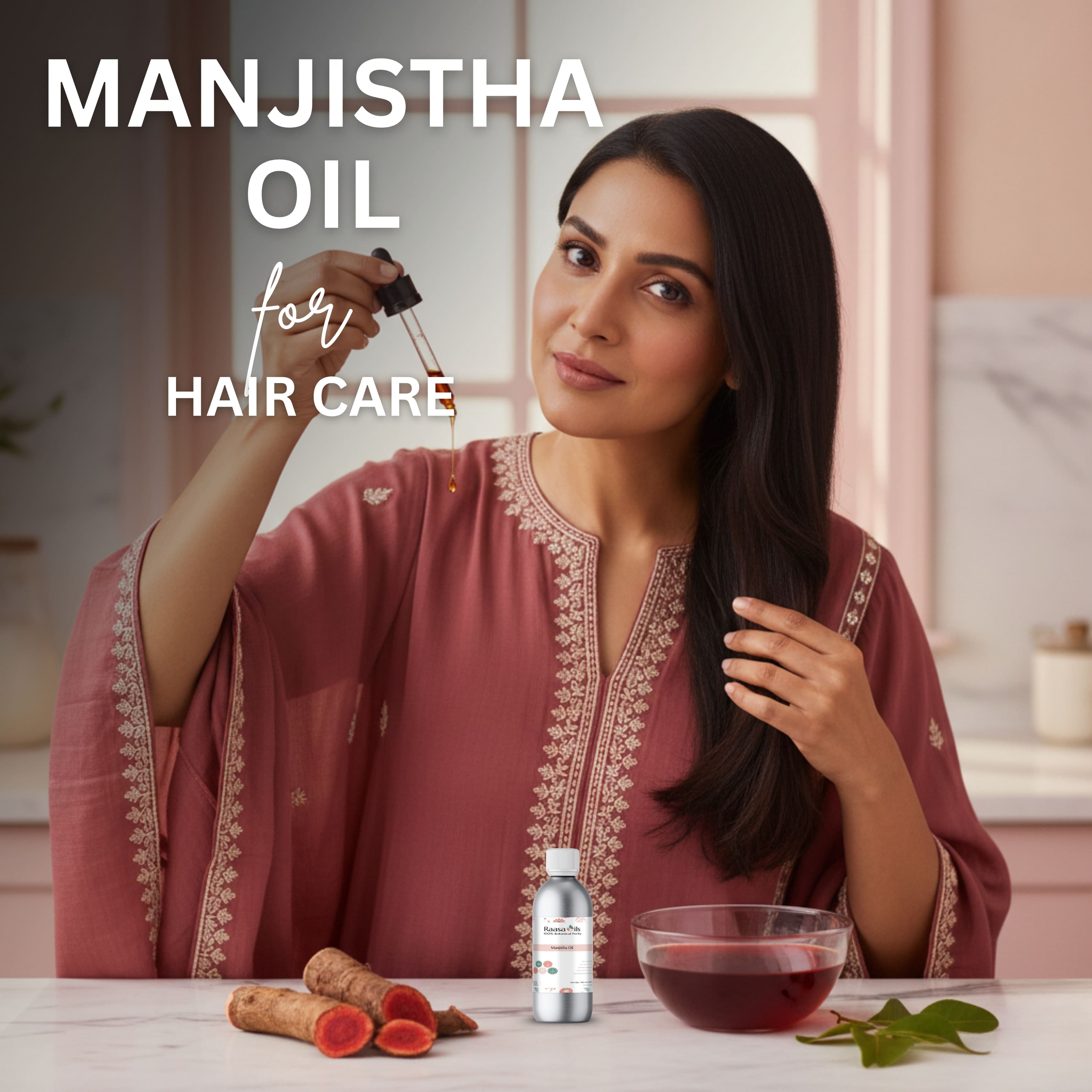 Woman with long hair holding a dropper over a bottle labeled 'Manjistha Oil for Hair Care' in a bathroom setting.