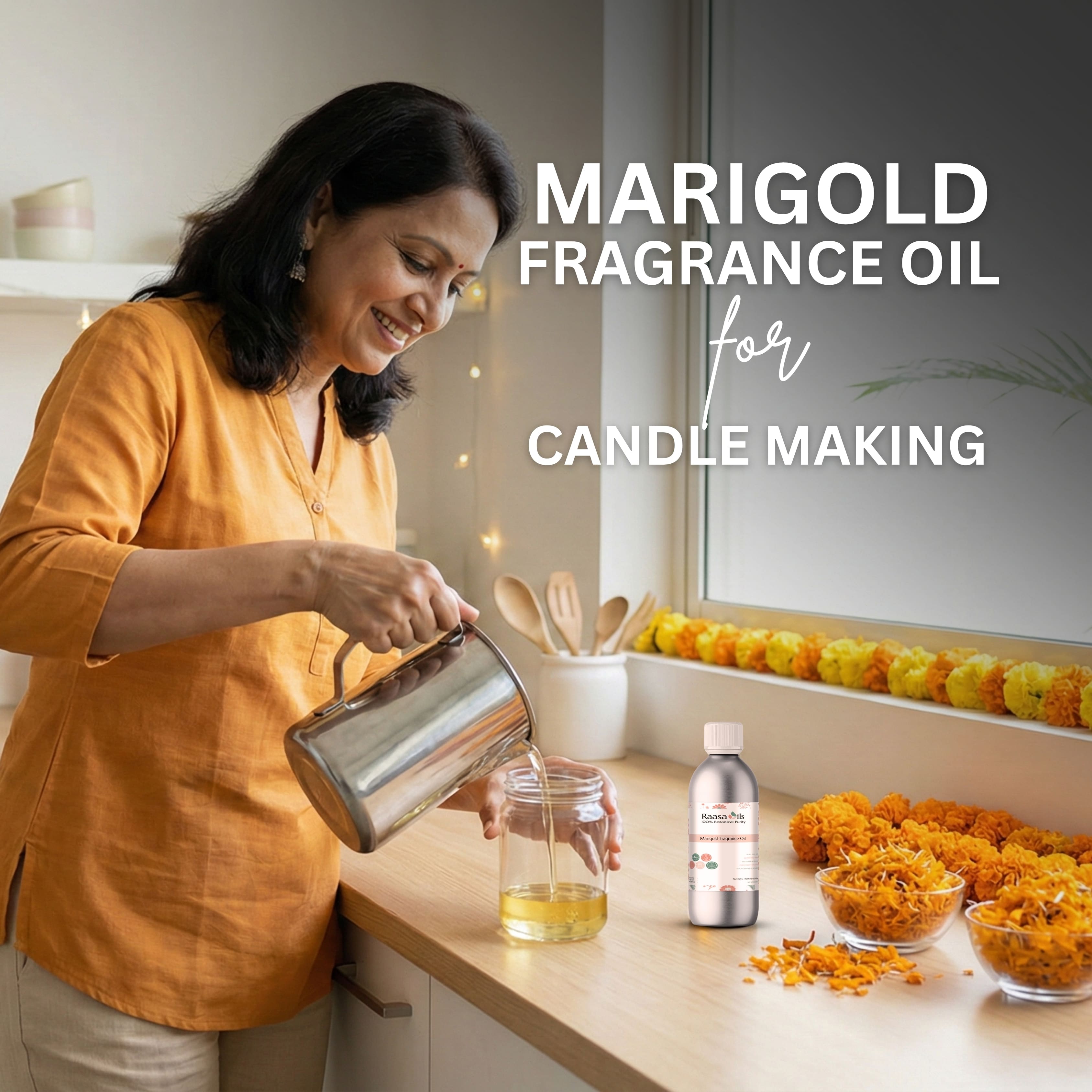 Woman pouring liquid into a jar with marigold flowers and fragrance oil bottle on a counter.