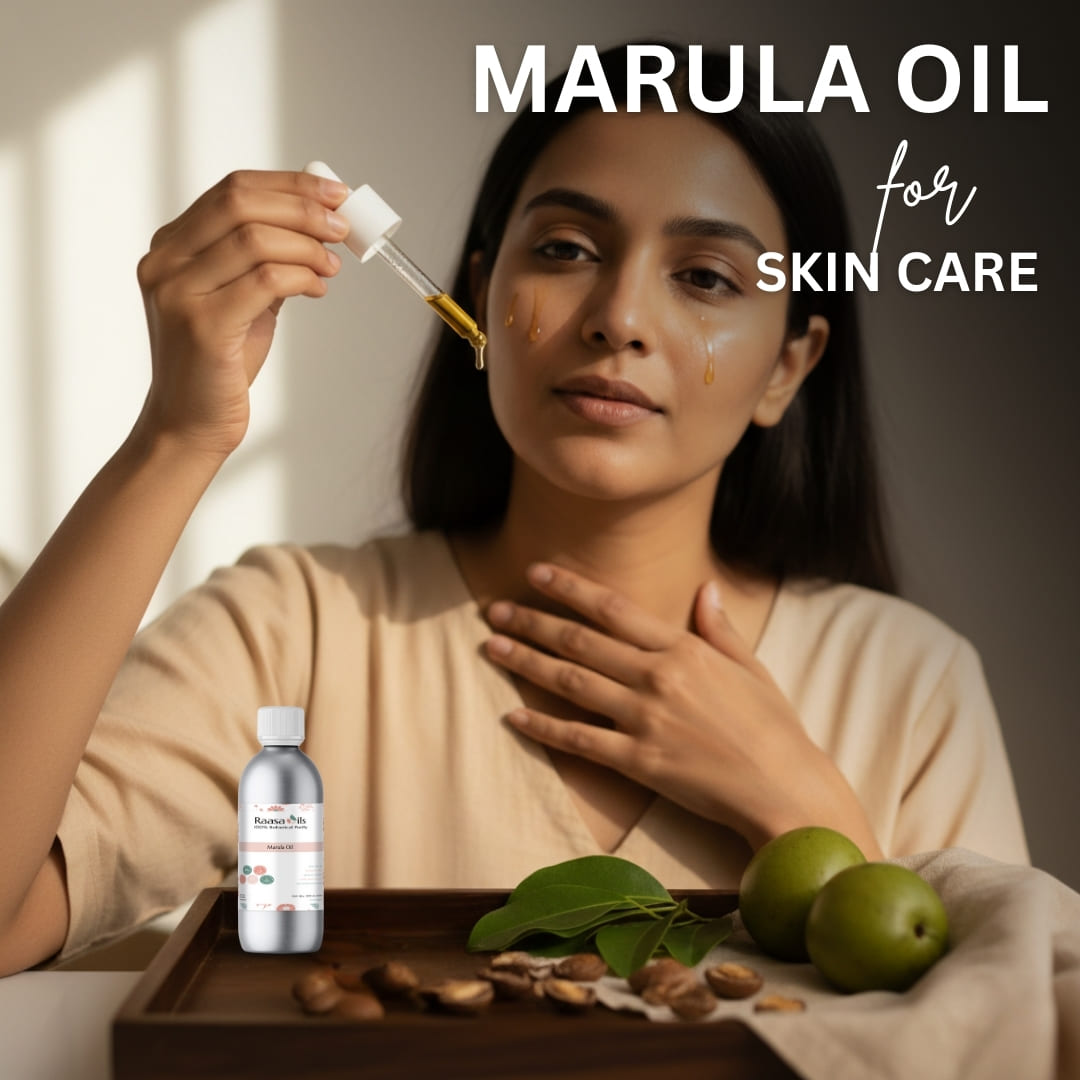 Woman applying marula oil to her face with a dropper, surrounded by marula oil products and ingredients.