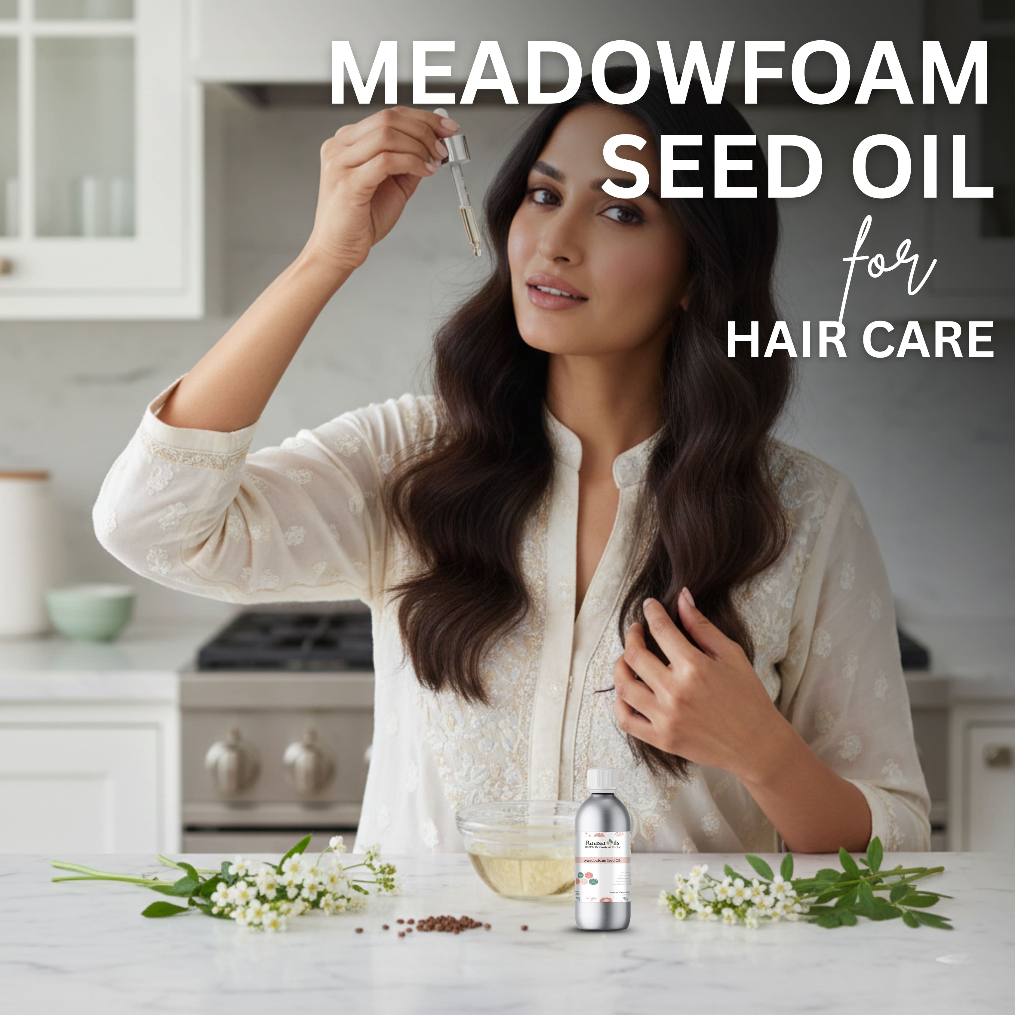 Woman with long hair holding a dropper of meadowfoam seed oil in a kitchen setting.