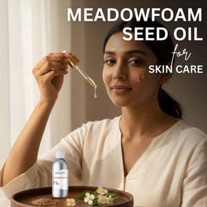 Woman holding a dropper with meadowfoam seed oil over her face, with text about the oil for skin care.
