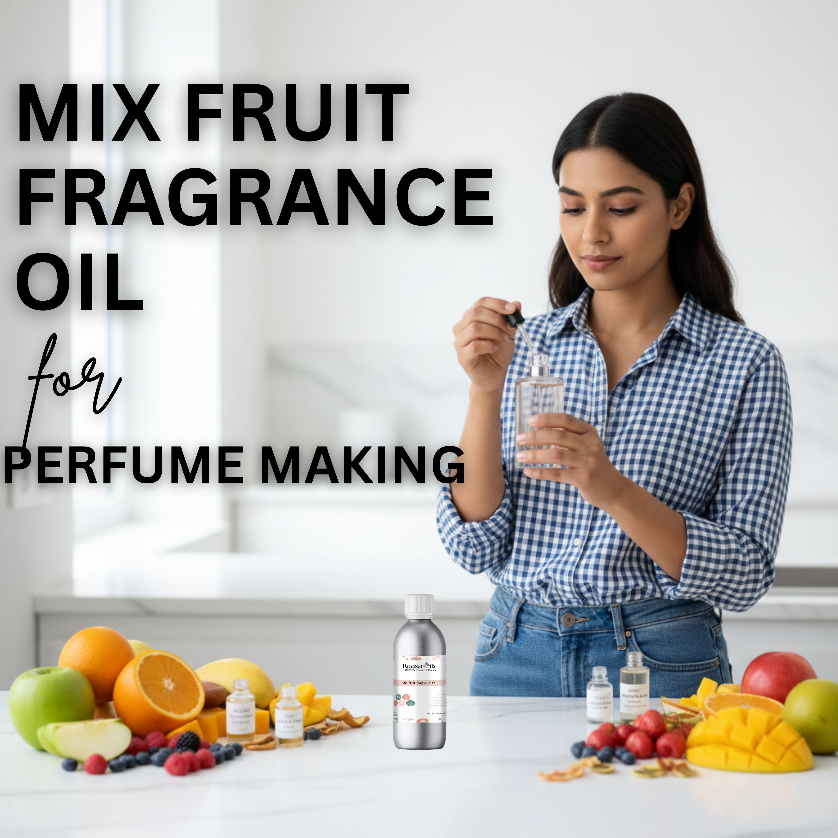 Woman holding a bottle of fruit fragrance oil with various fruits on a table.
