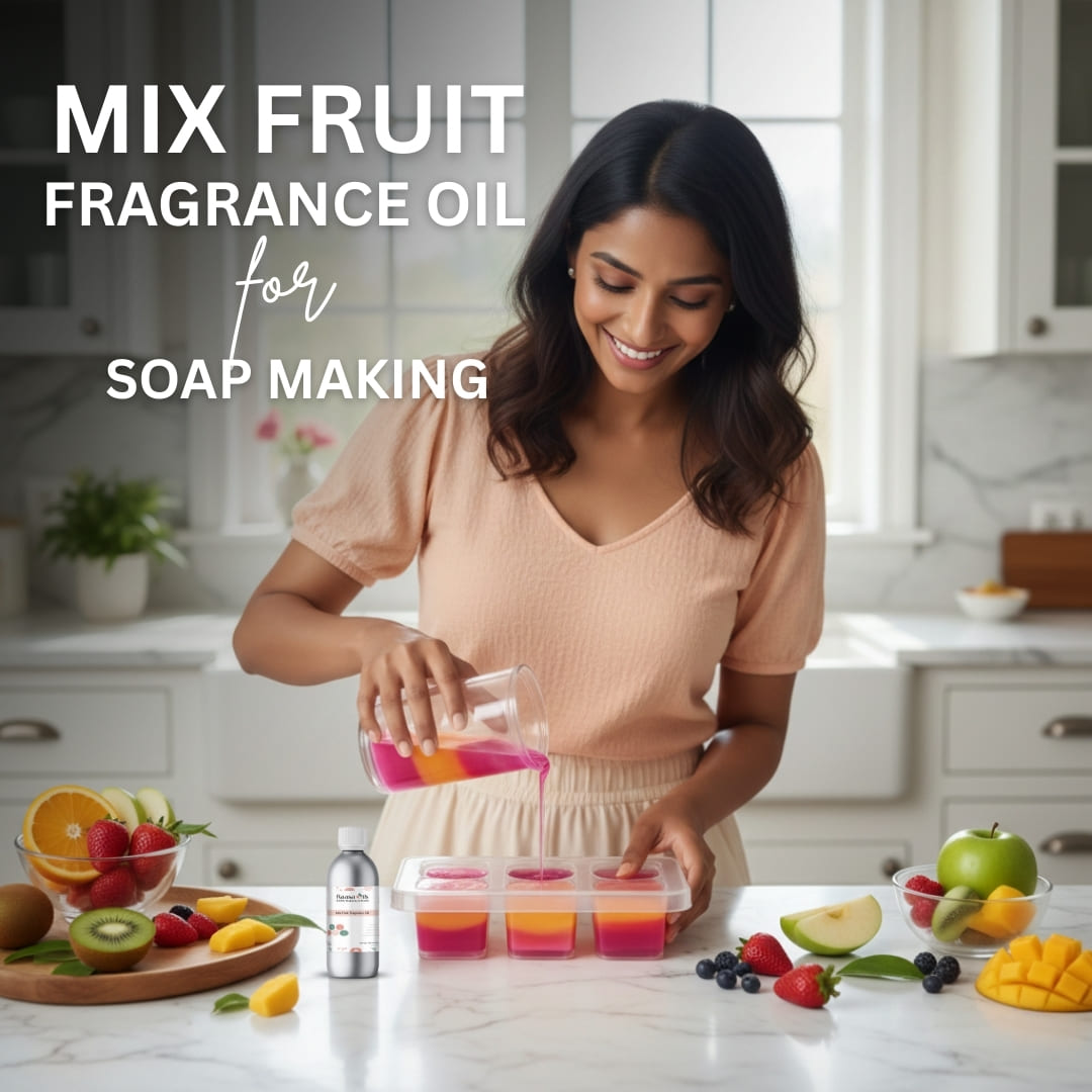 Woman in a kitchen preparing fruit fragrance oil for soap making