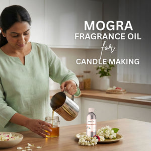 Woman pouring Mogra fragrance oil into a jar with text about Mogra fragrance oil for candle making.