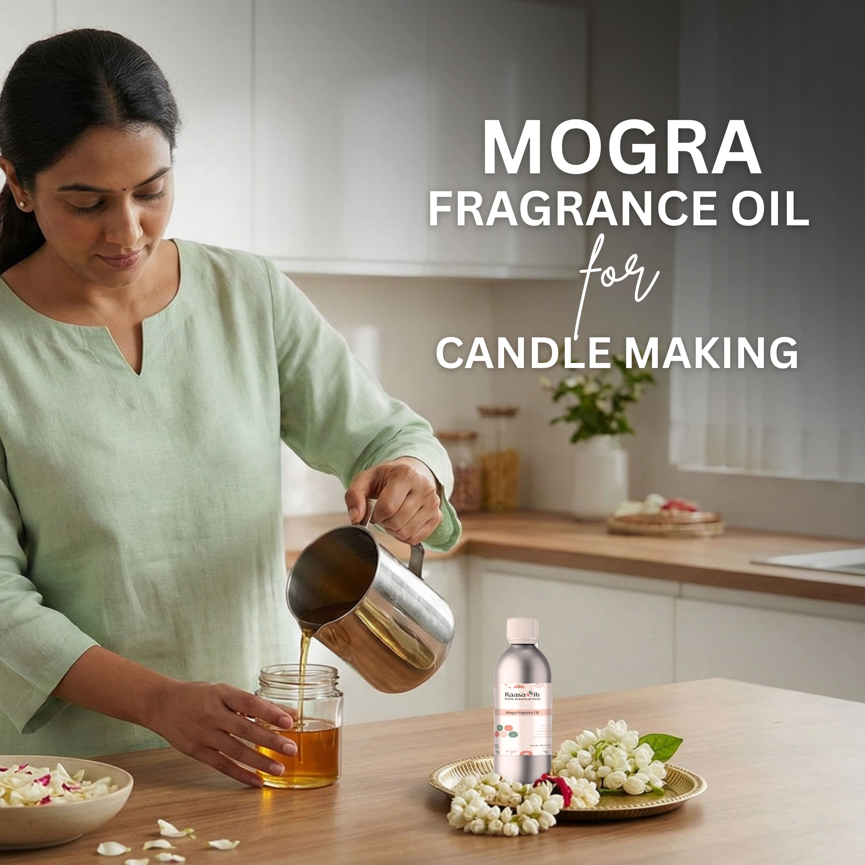 Woman pouring Mogra fragrance oil into a jar with text about Mogra fragrance oil for candle making.