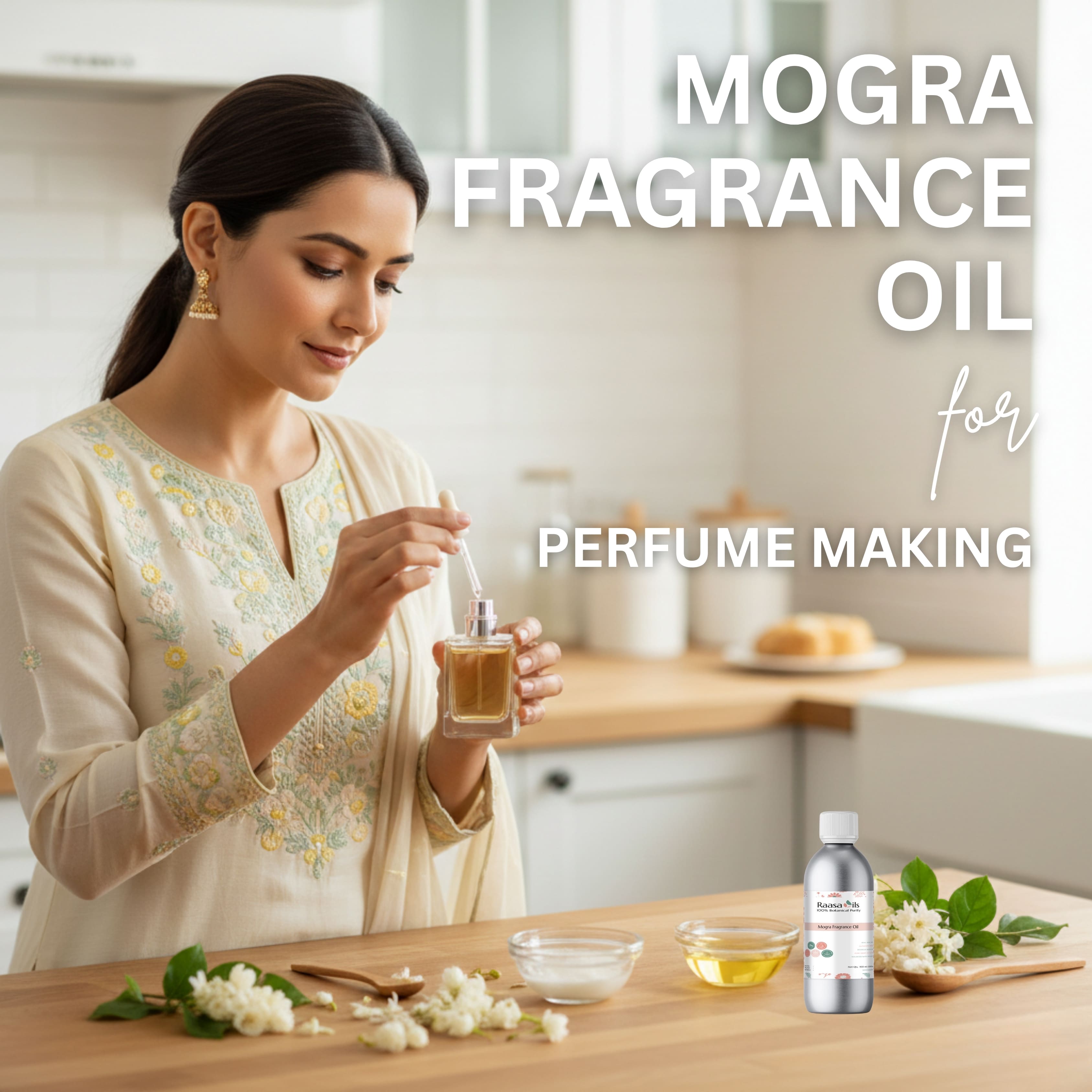 Woman using Mogra fragrance oil for perfume making in a kitchen setting