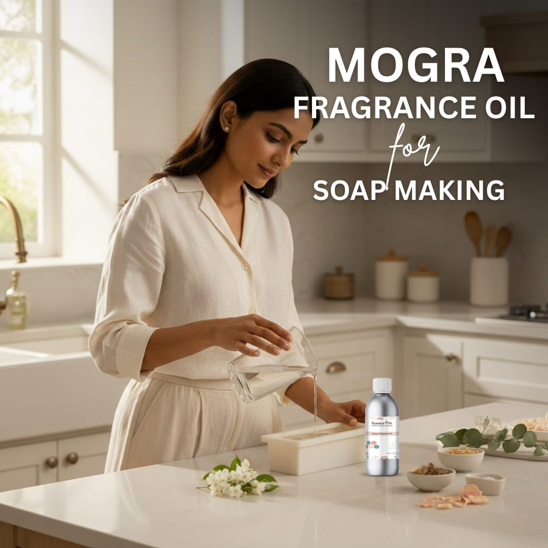 Woman making soap in a kitchen with Mogra fragrance oil branding.