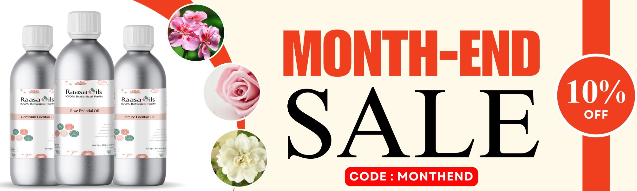 Promotional banner for a month-end sale with skincare products and flowers.