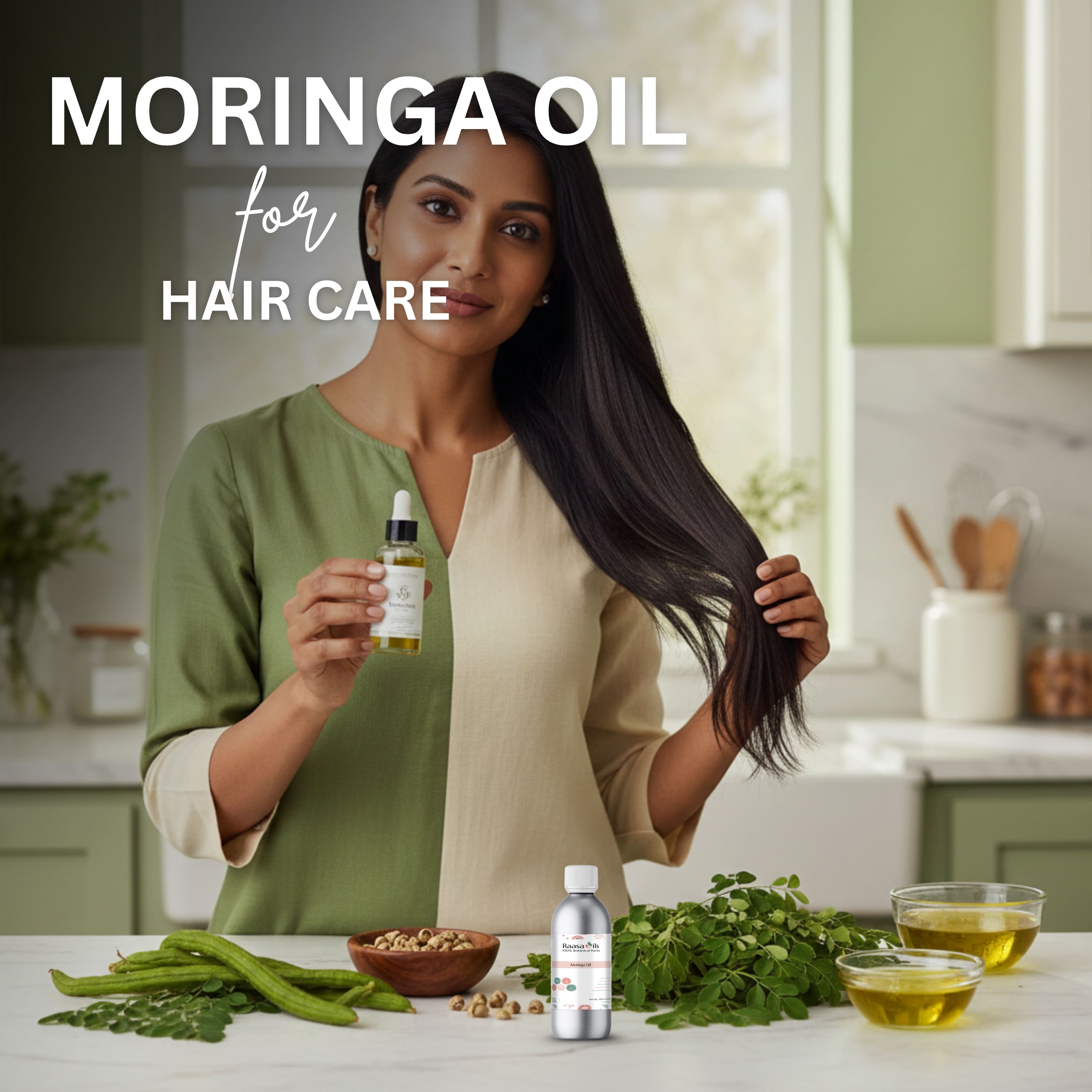 Woman holding a bottle of moringa oil with ingredients on a table, promoting its use for hair care.