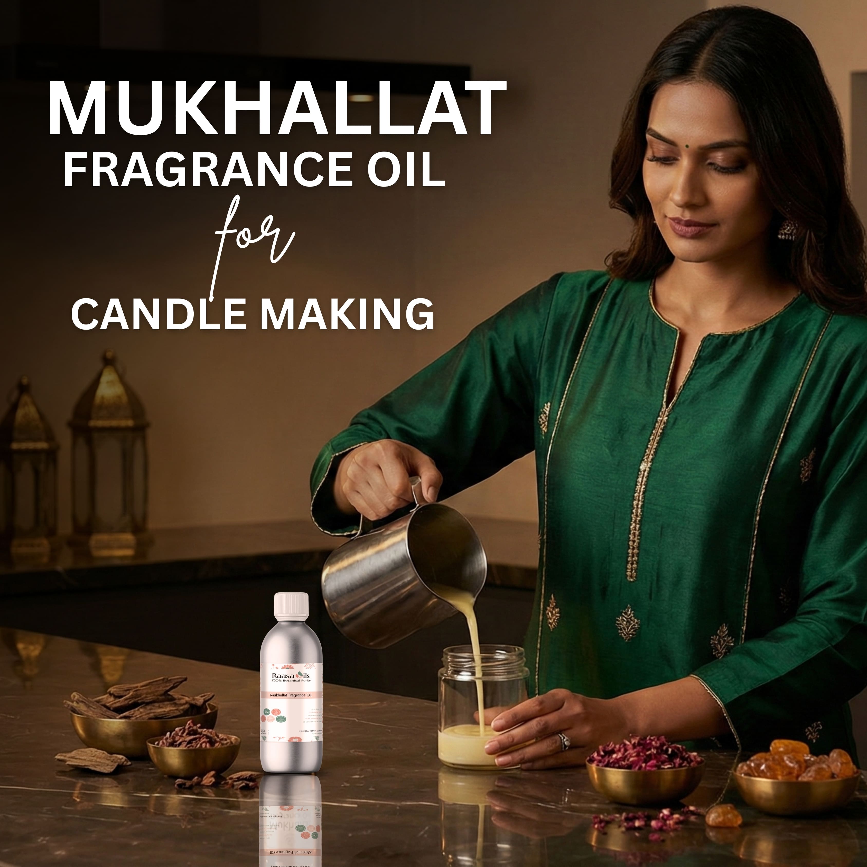 Woman pouring a liquid into a jar with text about Mukhallat fragrance oil for candle making.