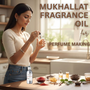 Woman preparing Mukhallat fragrance oil with ingredients on a table.