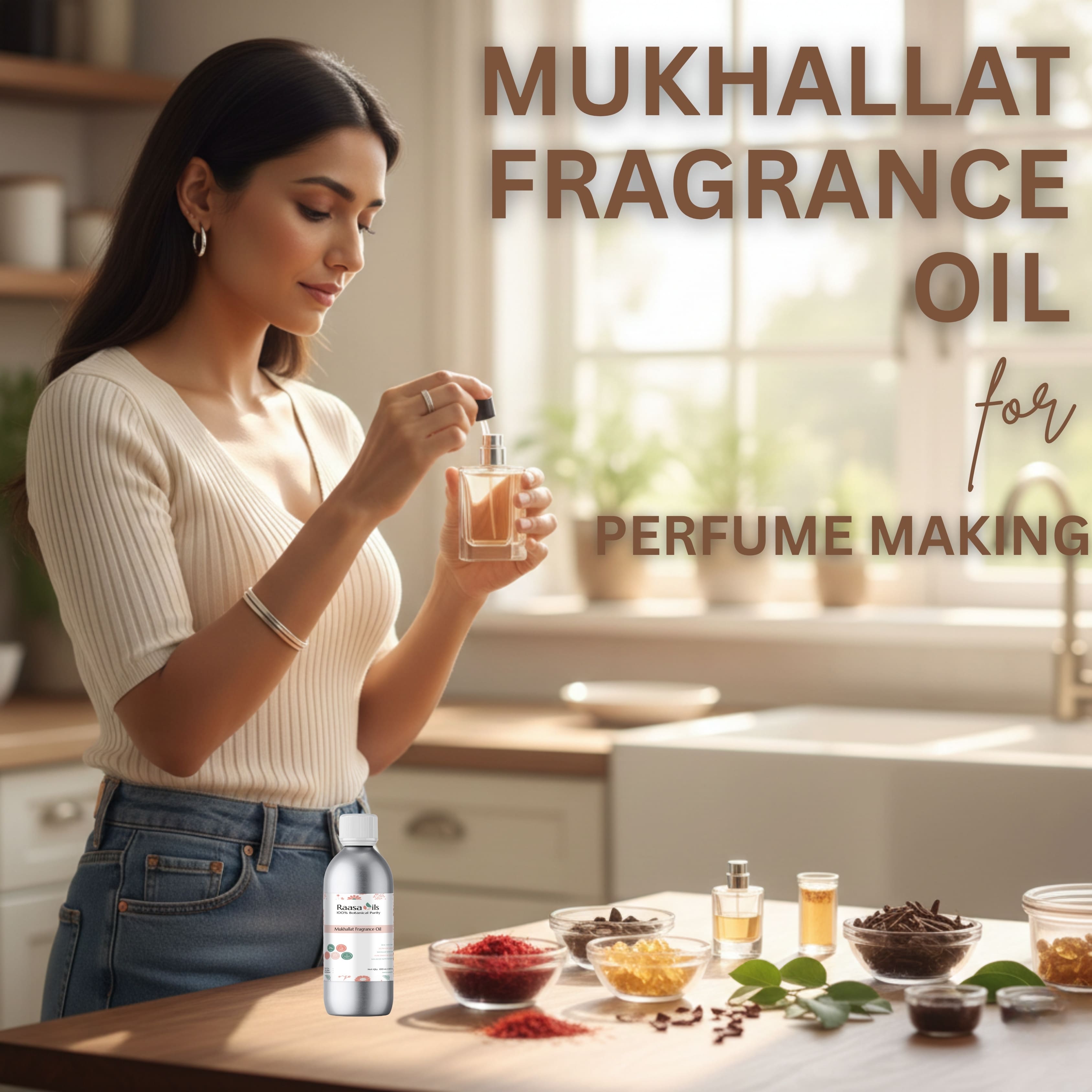 Woman preparing Mukhallat fragrance oil with ingredients on a table.