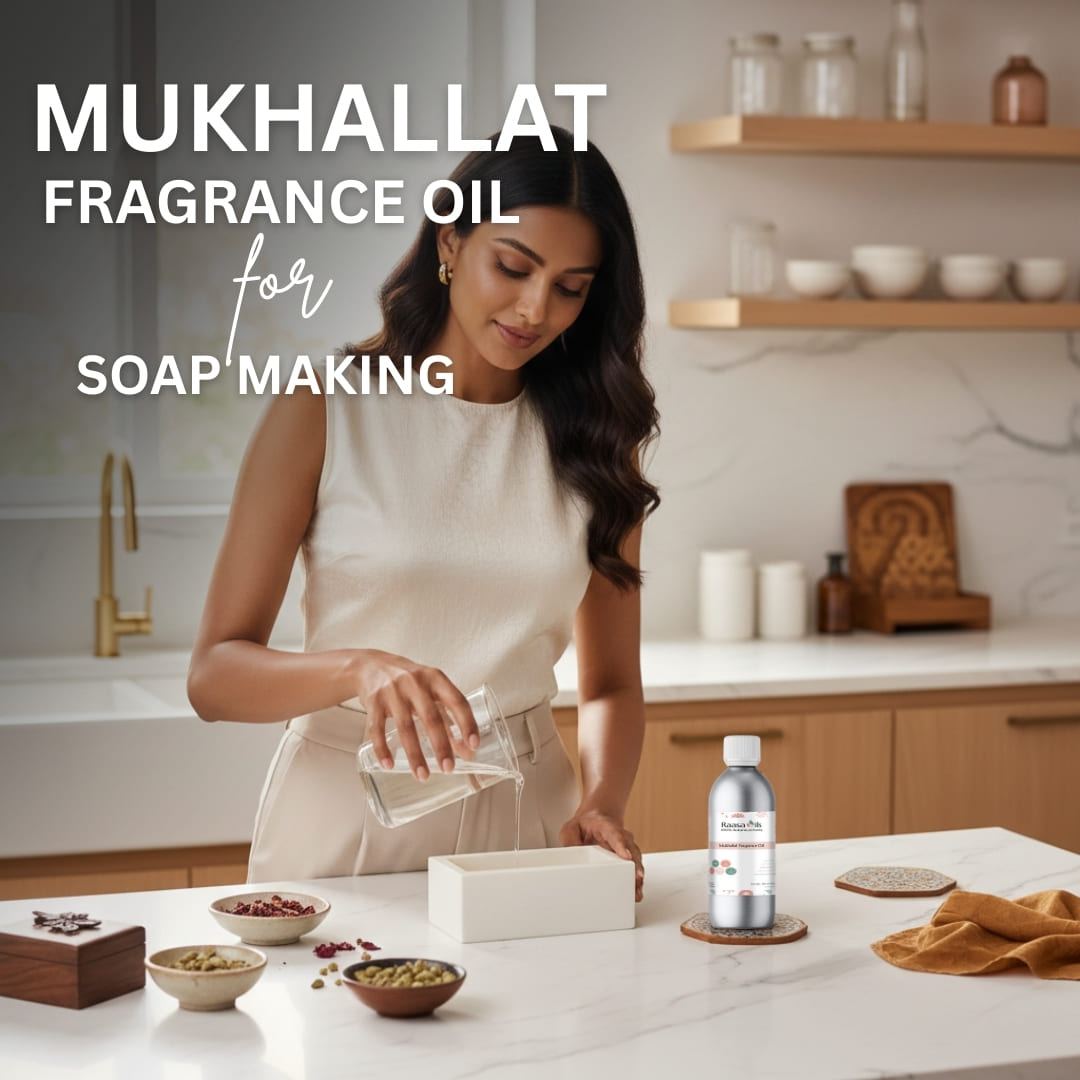 Woman preparing soap with MUKHALLAT FRAGRANCE OIL for soap making in a kitchen setting.