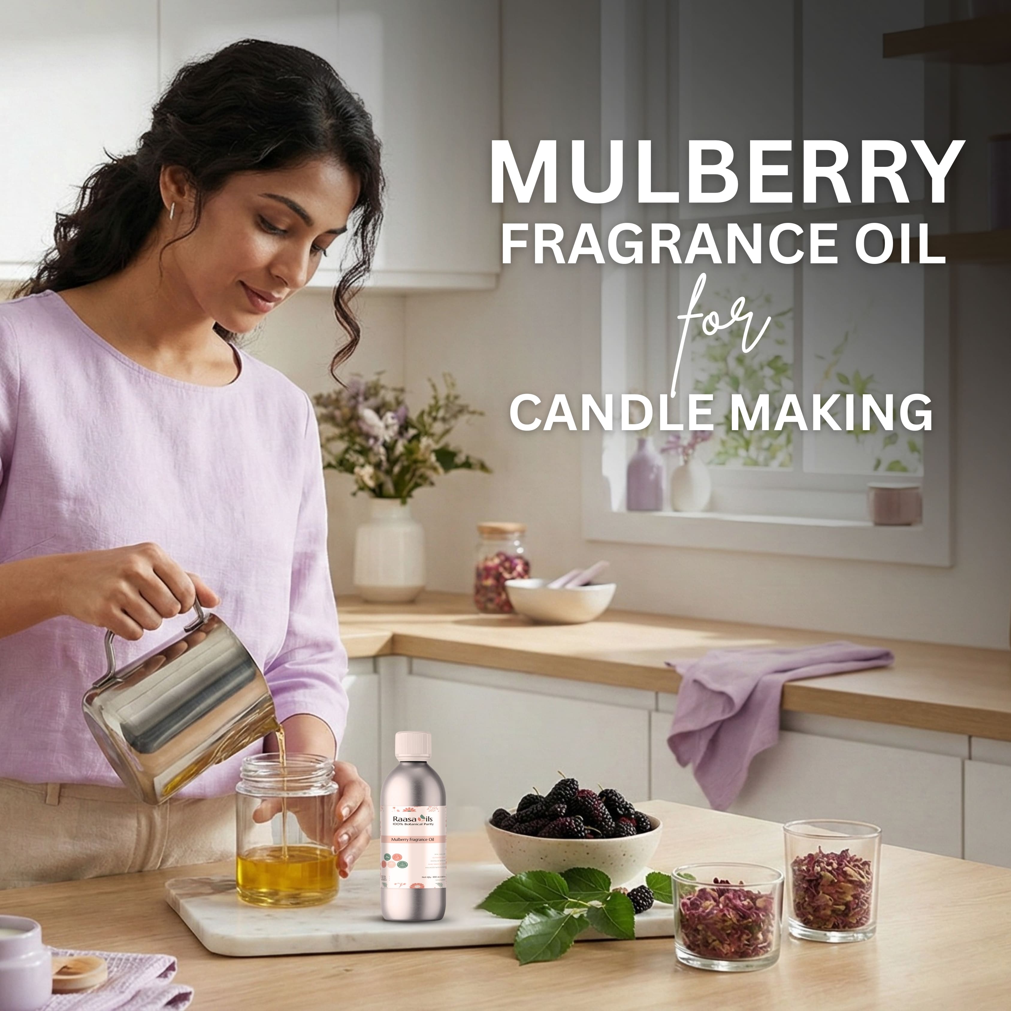 Woman in a kitchen preparing mulberry fragrance oil for candle making.