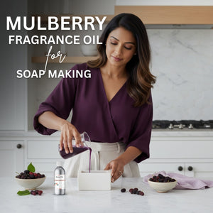 Woman pouring mulberry fragrance oil into a container with text about mulberry fragrance oil for soap making.
